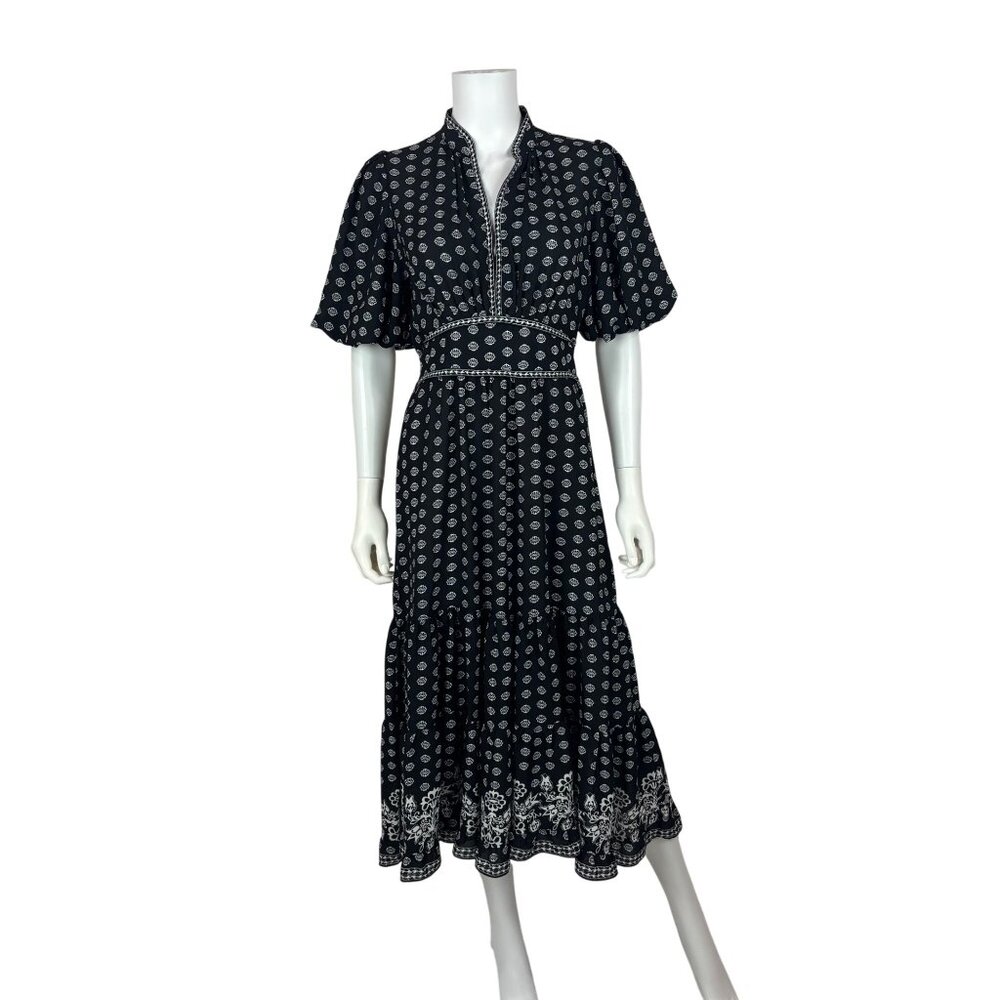Max Studio London Floral Dress Medium Black White Printed Puff Sleeves Tiered Mi - Picture 2 of 13